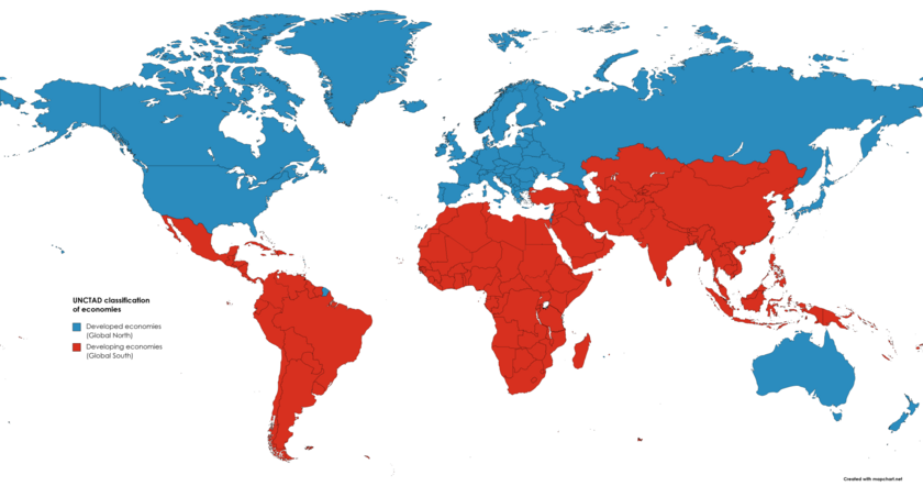 Economic classification of the world's countries by the UNCTAD: the Global North (i.e., developed countries) is highlighted in blue and the Global South (i.e., developing countries and least developed countries) is highlighted in red.